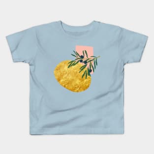 Minimalist italian olive branch with abstract gold and pick form Kids T-Shirt